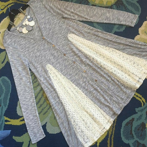 Umgee Sweaters - Blue-grey long lace cardigan